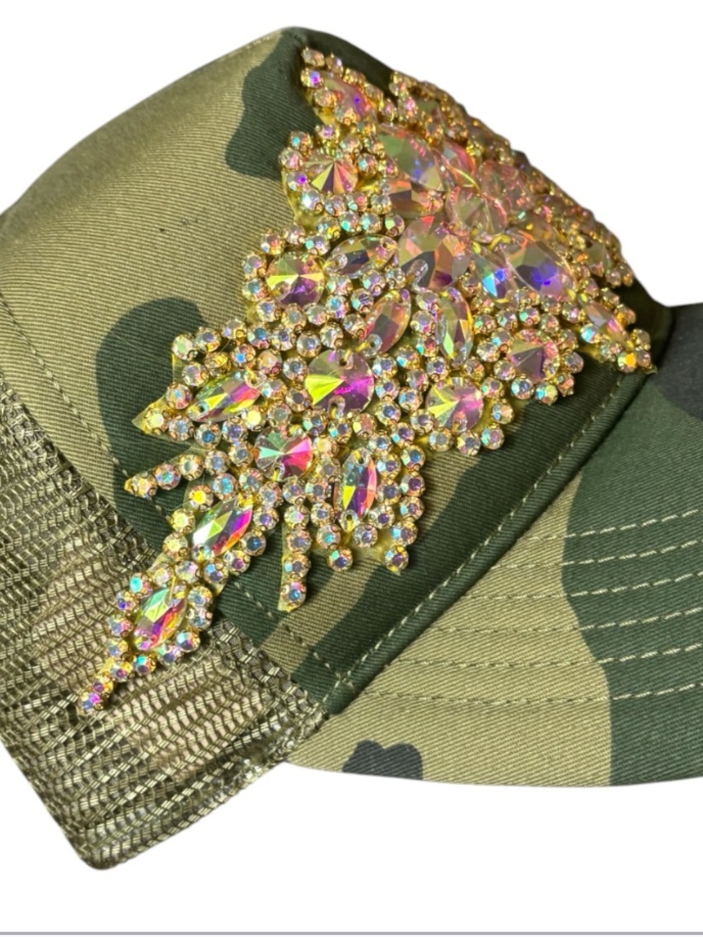 Camo Statement Trucker Hat with IAB Crystal Appliqué
